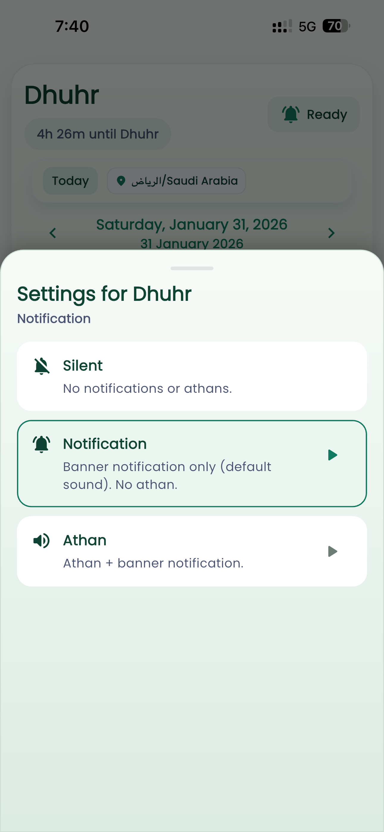 Notification settings for prayer times