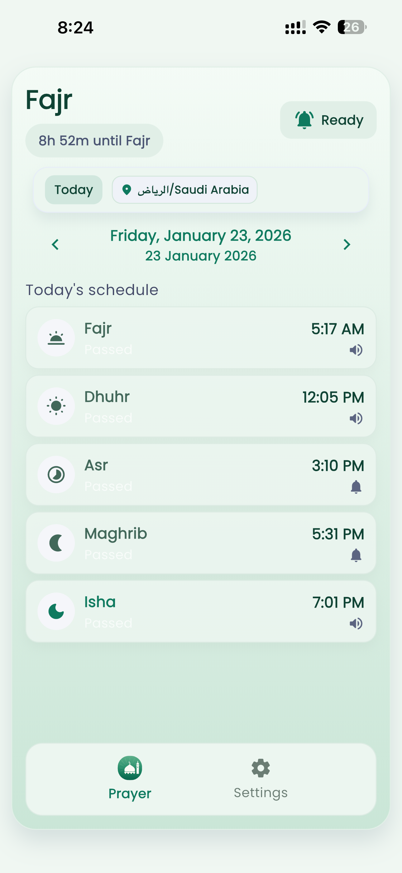 Daily prayer schedule screen